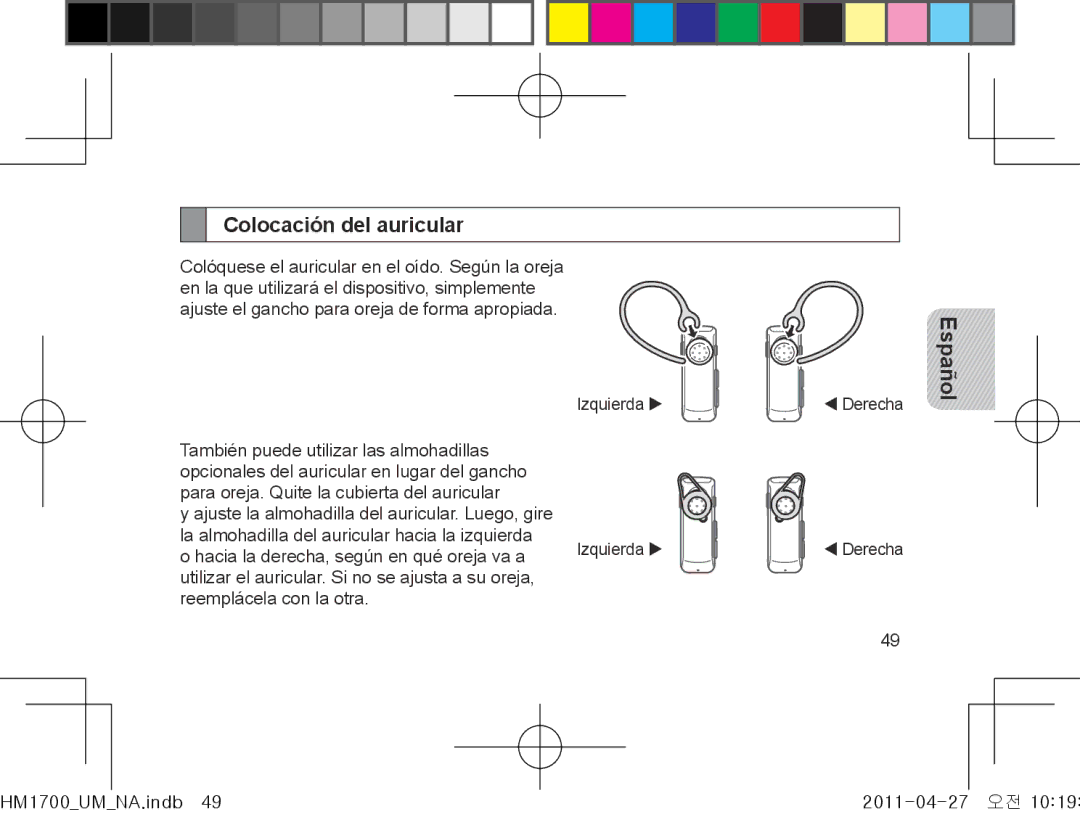 Samsung GH68-34355F manual Colocación del auricular, Español 