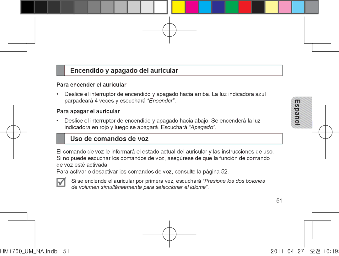 Samsung GH68-34355F manual Encendido y apagado del auricular, Uso de comandos de voz, Para encender el auricular 