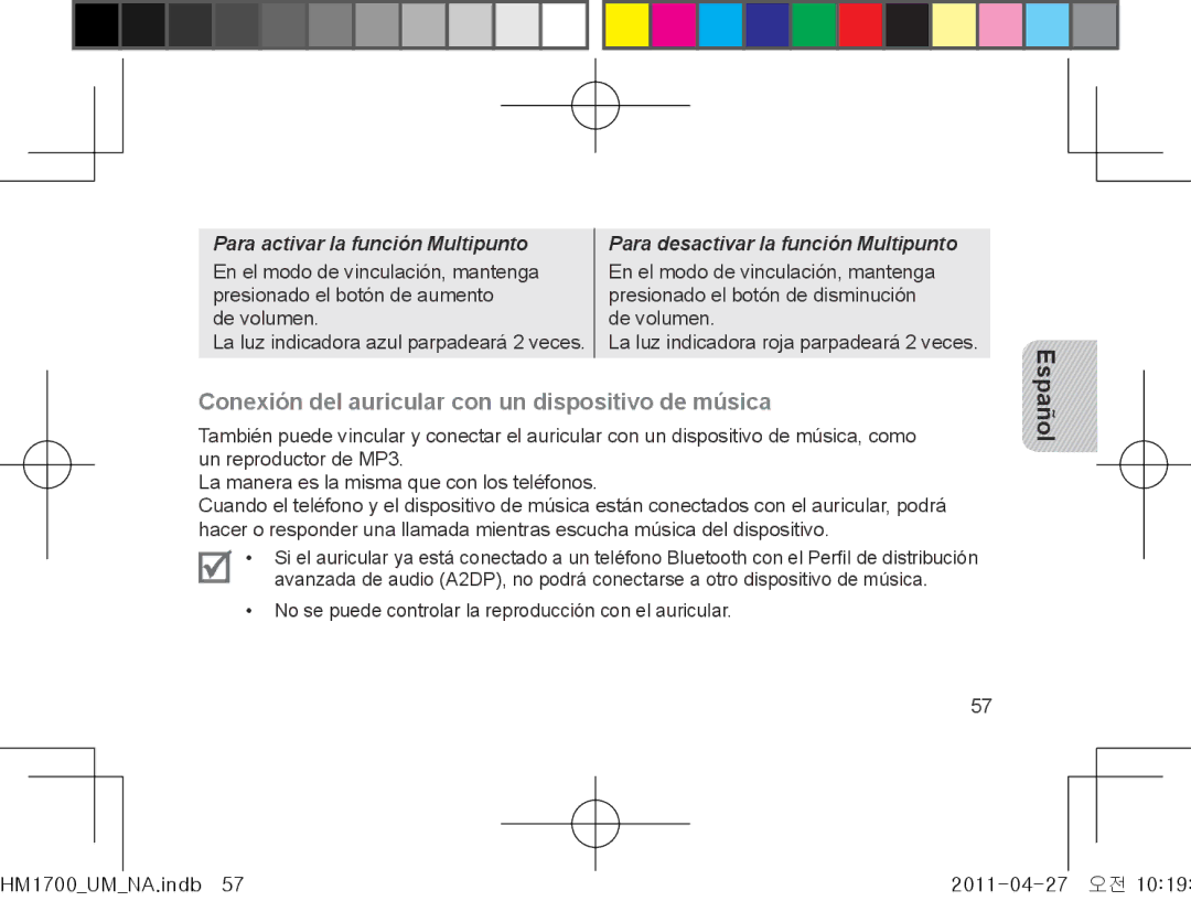 Samsung GH68-34355F manual Conexión del auricular con un dispositivo de música, Para activar la función Multipunto 