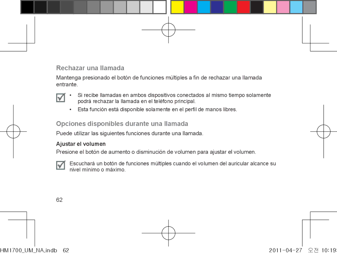 Samsung GH68-34355F manual Rechazar una llamada, Opciones disponibles durante una llamada, Ajustar el volumen 