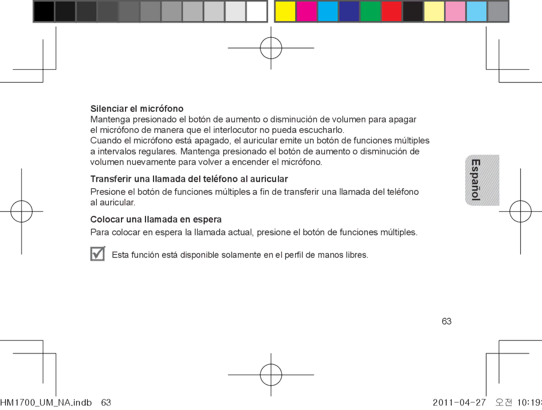 Samsung GH68-34355F manual Silenciar el micrófono, Transferir una llamada del teléfono al auricular 