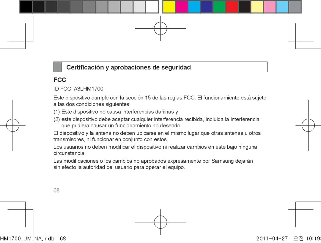 Samsung GH68-34355F manual Certificación y aprobaciones de seguridad, ID FCC A3LHM1700 