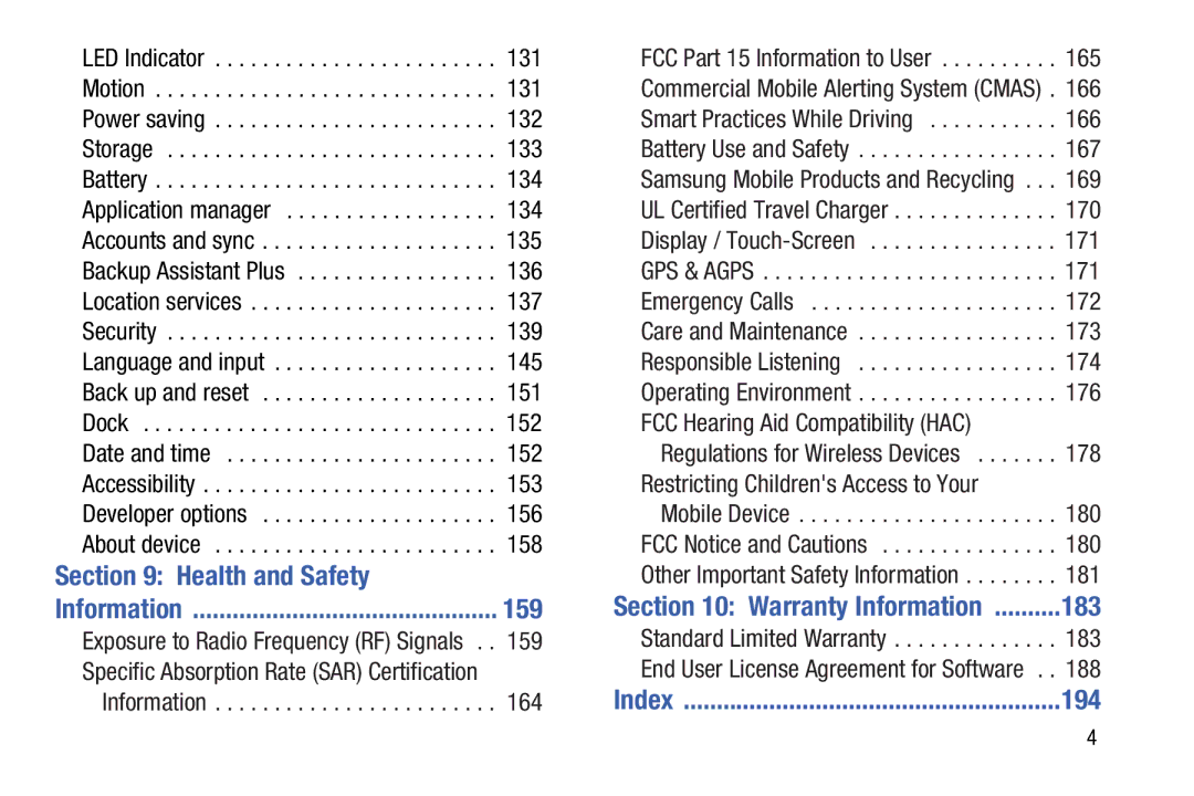 Samsung GH68-37099A user manual Health and Safety, 159, Warranty Information 183, 194 