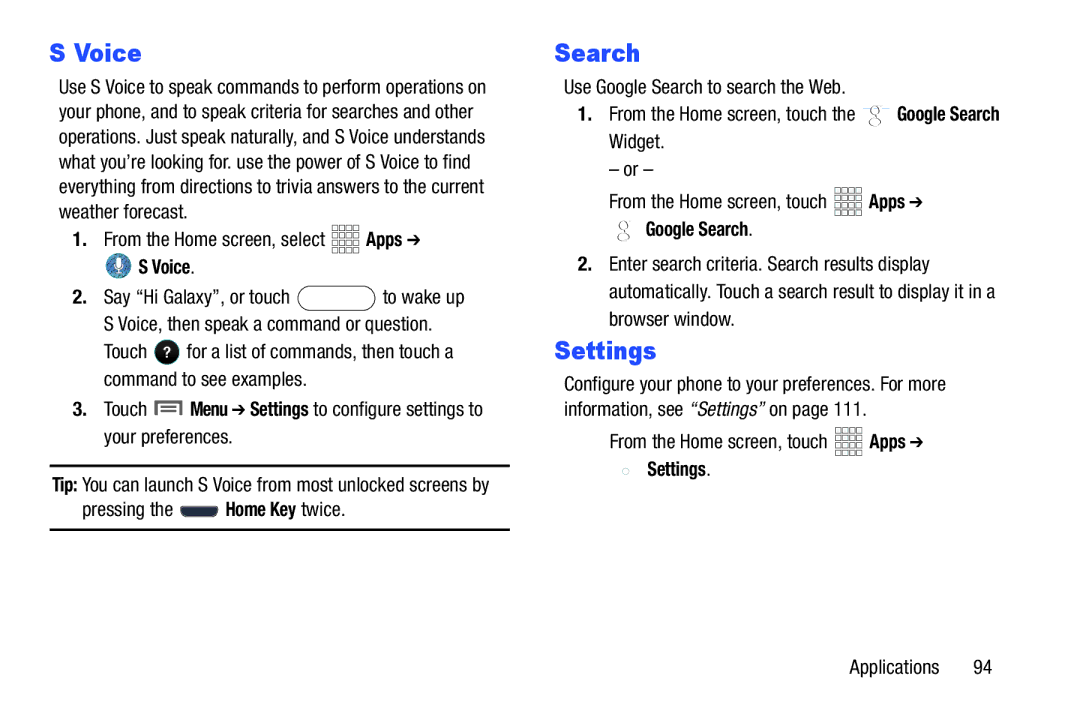 Samsung GH68-37099A user manual Voice, Settings, Google Search 