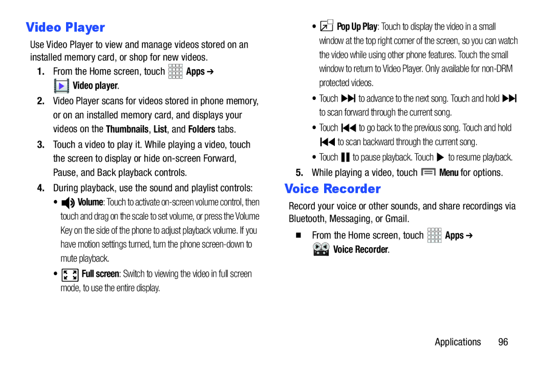 Samsung GH68-37099A user manual Video Player, Voice Recorder, Video player, While playing a video, touch Menu for options 