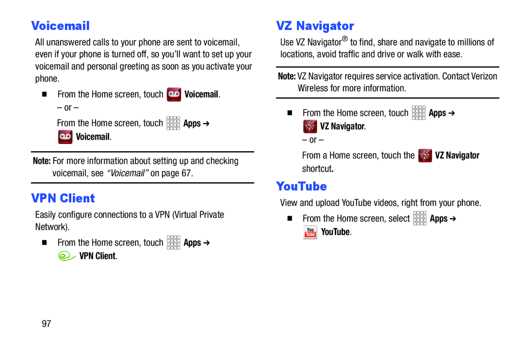 Samsung GH68-37099A user manual VPN Client, VZ Navigator, YouTube 