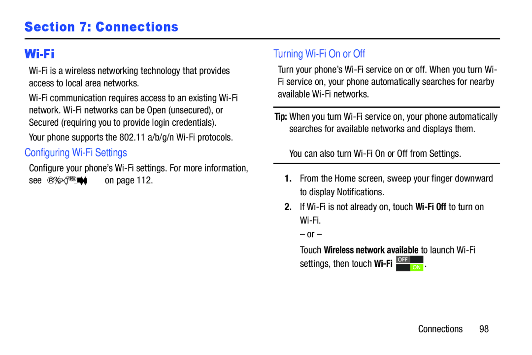 Samsung GH68-37099A Configuring Wi-Fi Settings, Turning Wi-Fi On or Off, Settings, then touch Wi-Fi Connections 