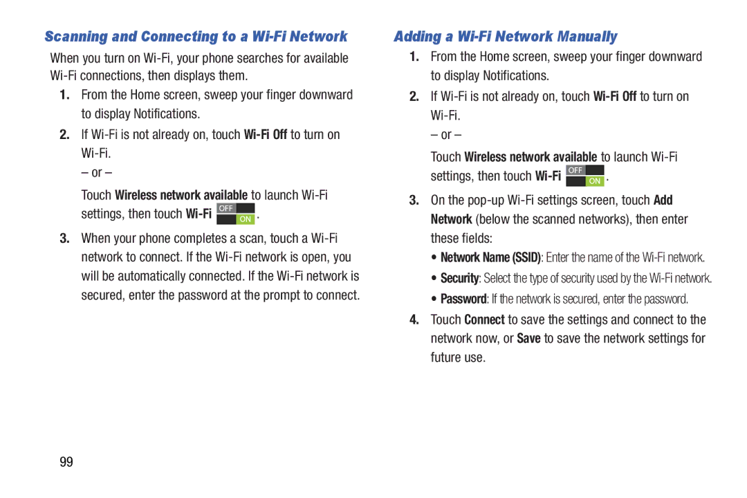 Samsung GH68-37099A user manual Adding a Wi-Fi Network Manually, Settings, then touch Wi-Fi 