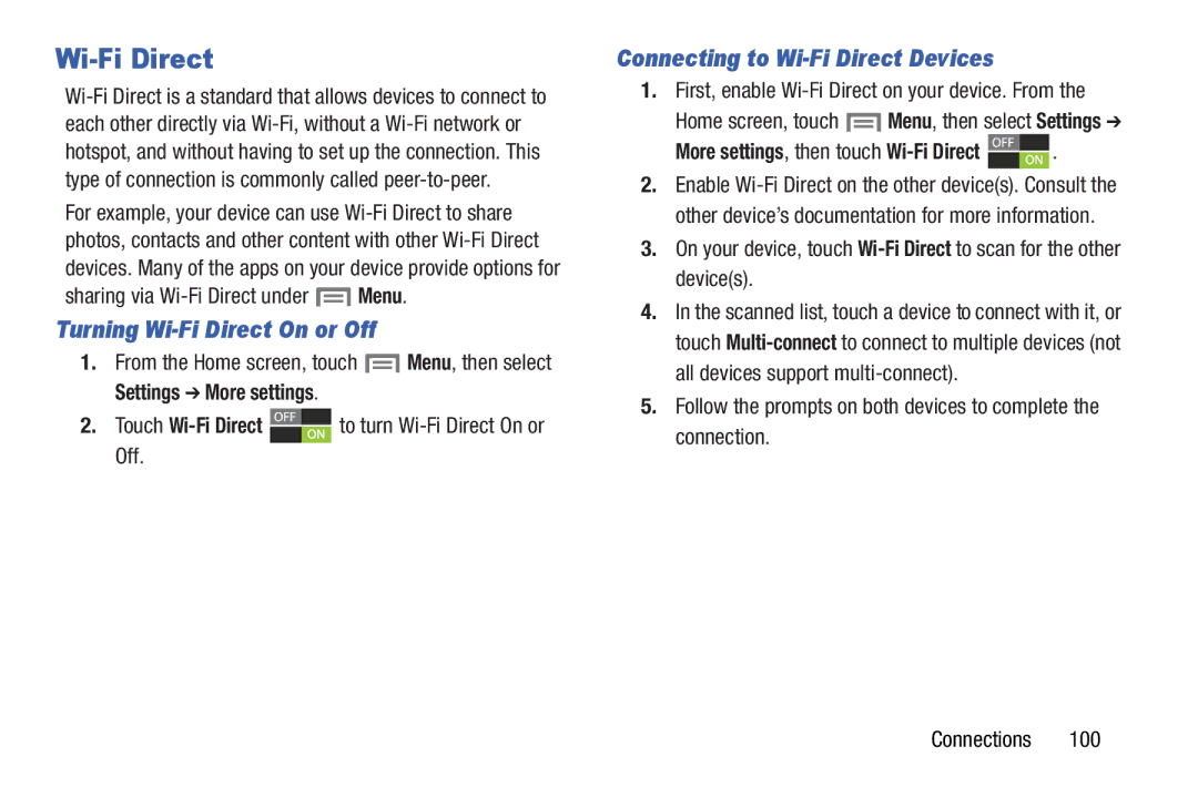 Samsung GH68-37099A Turning Wi-Fi Direct On or Off, Connecting to Wi-Fi Direct Devices, Settings More settings 