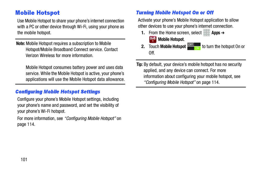 Samsung GH68-37099A user manual Configuring Mobile Hotspot Settings, Turning Mobile Hotspot On or Off 