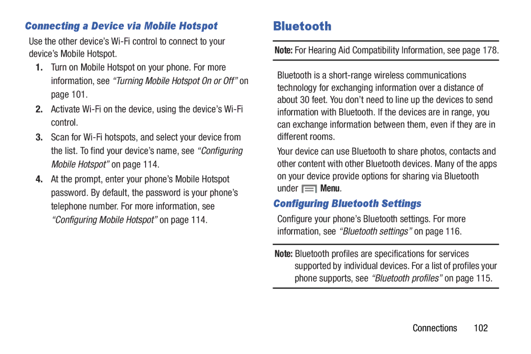 Samsung GH68-37099A user manual Connecting a Device via Mobile Hotspot, Configuring Bluetooth Settings, Under Menu 