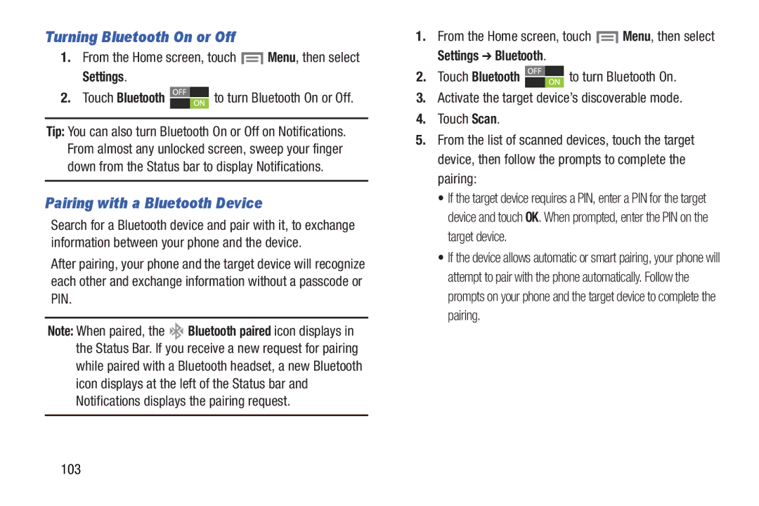 Samsung GH68-37099A user manual Turning Bluetooth On or Off, Pairing with a Bluetooth Device, Settings Bluetooth, 103 