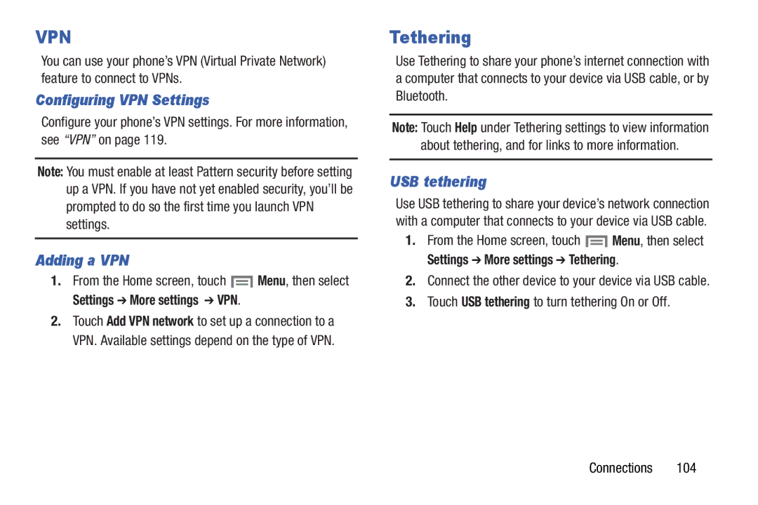 Samsung GH68-37099A user manual Tethering, Configuring VPN Settings, Adding a VPN, USB tethering 