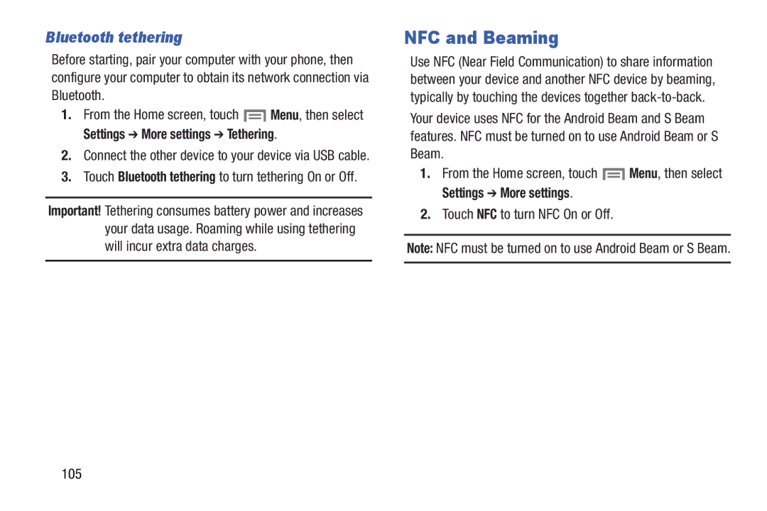 Samsung GH68-37099A user manual NFC and Beaming, Bluetooth tethering, Touch NFC to turn NFC On or Off 105 