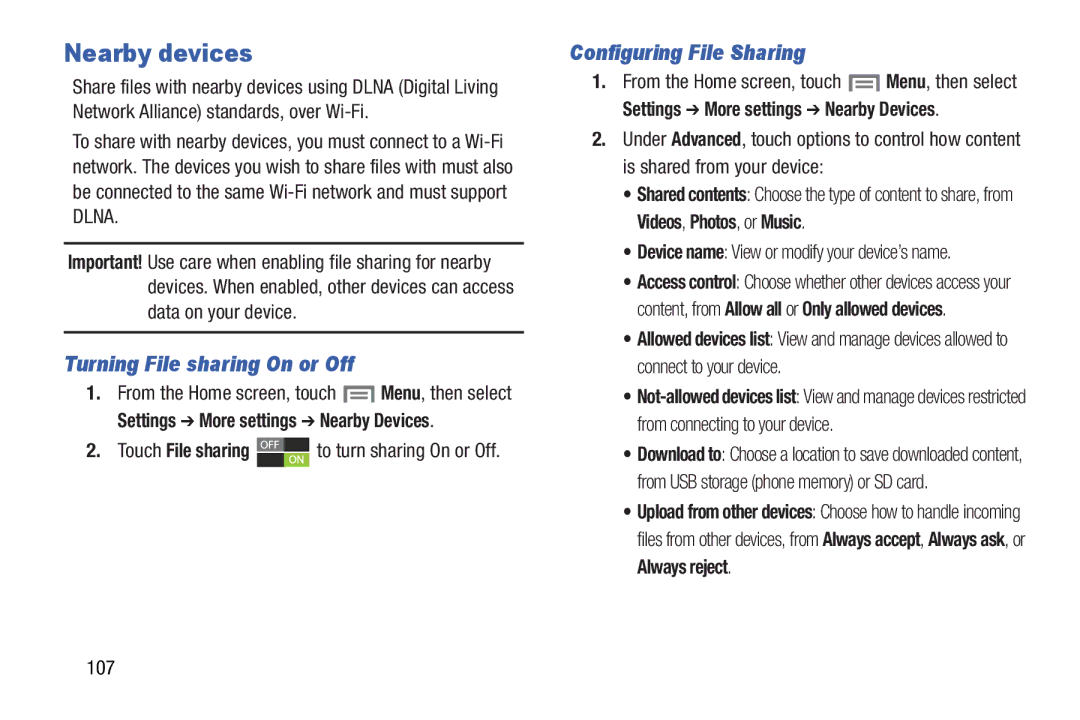 Samsung GH68-37099A user manual Nearby devices, Turning File sharing On or Off, Configuring File Sharing 