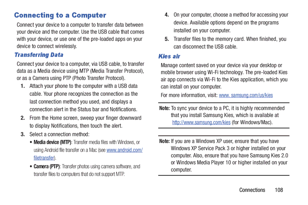 Samsung GH68-37099A user manual Connecting to a Computer, Transferring Data, Kies air, Select a connection method 