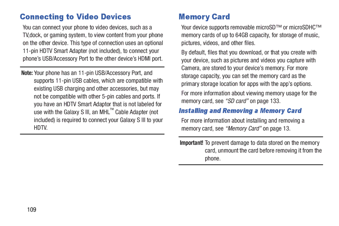 Samsung GH68-37099A user manual Connecting to Video Devices, Installing and Removing a Memory Card 