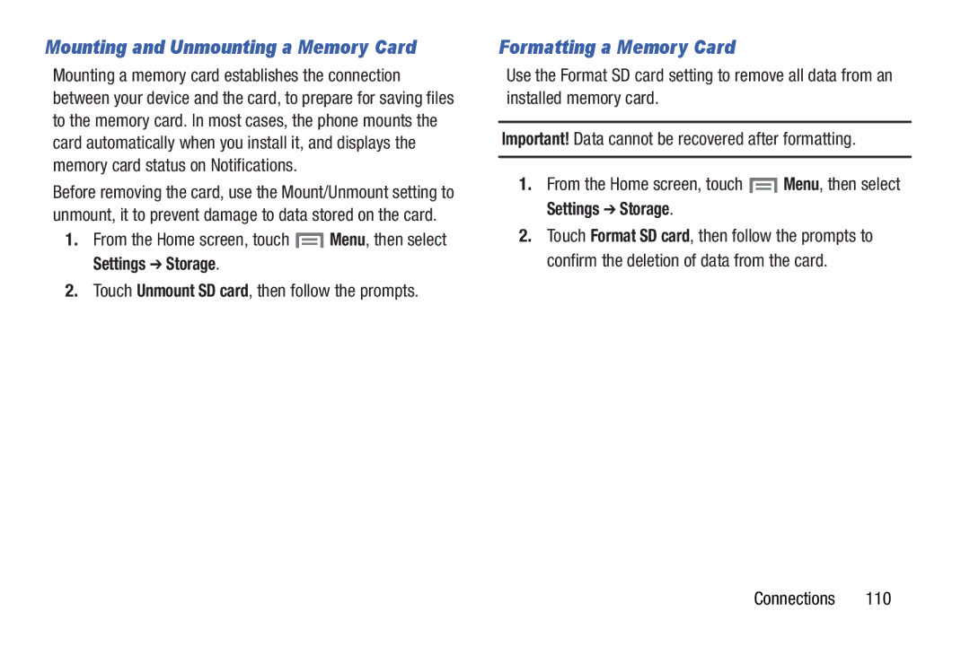 Samsung GH68-37099A user manual Formatting a Memory Card, Settings Storage 