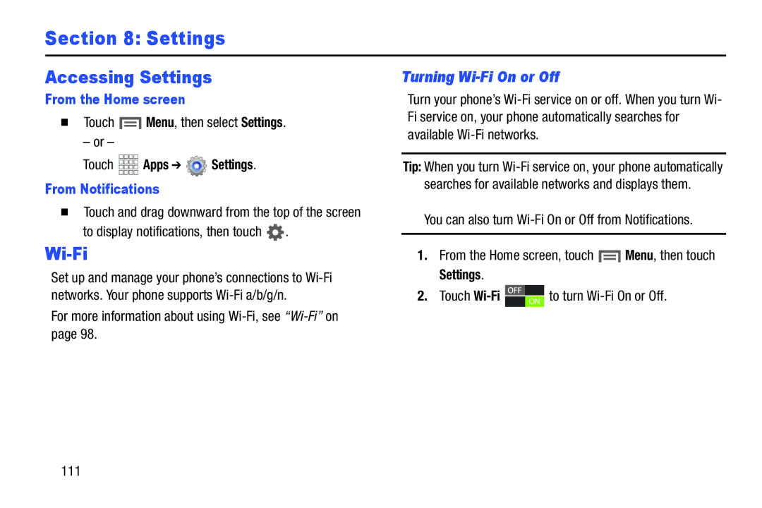 Samsung GH68-37099A user manual Accessing Settings, From the Home screen, Touch Apps Settings, From Notifications 