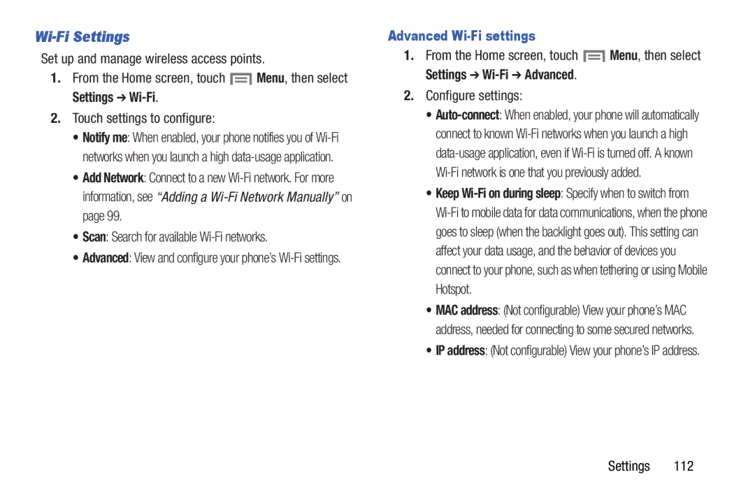 Samsung GH68-37099A user manual Wi-Fi Settings, Advanced Wi-Fi settings, Settings Wi-Fi Advanced 