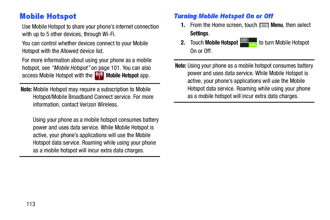 Samsung GH68-37099A user manual Touch Mobile Hotspot to turn Mobile Hotspot On or Off 113 