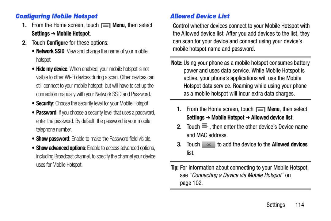 Samsung GH68-37099A user manual Configuring Mobile Hotspot, Allowed Device List, Settings Mobile Hotspot 