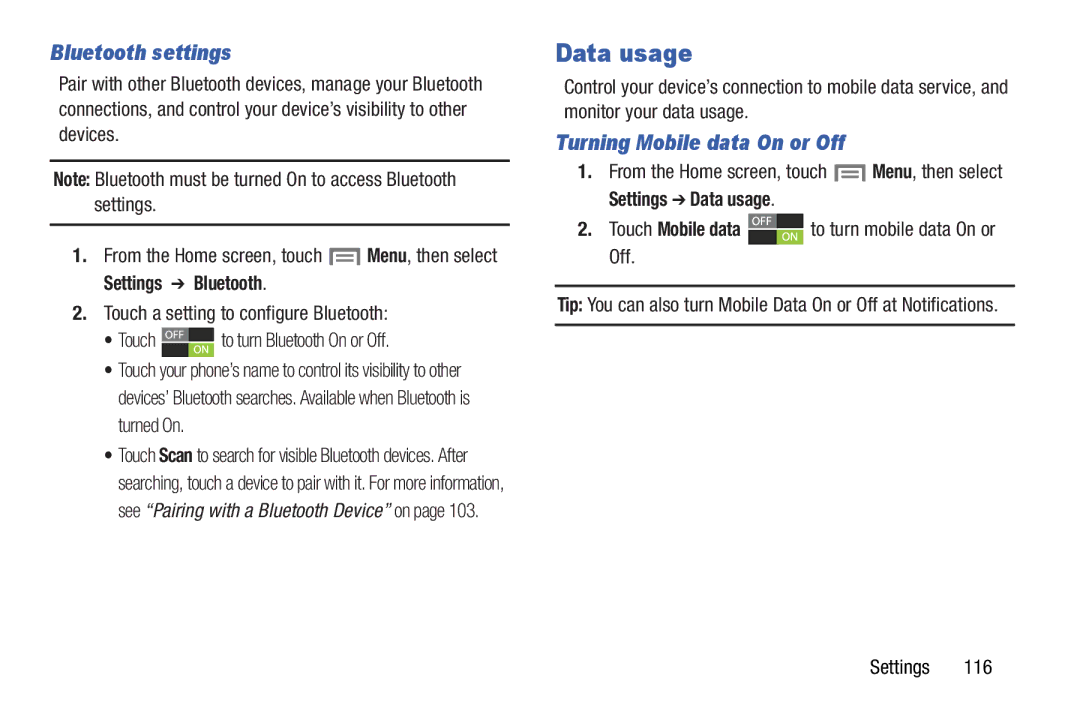 Samsung GH68-37099A user manual Bluetooth settings, Turning Mobile data On or Off, Settings Data usage 