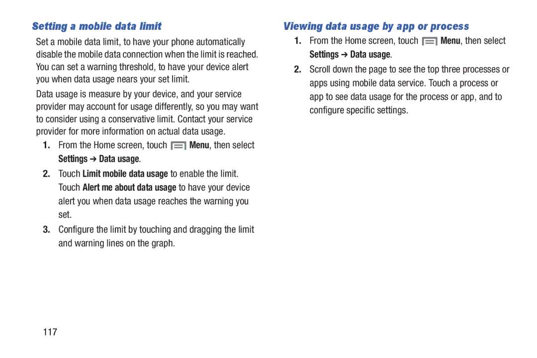 Samsung GH68-37099A user manual Setting a mobile data limit, Viewing data usage by app or process, 117 