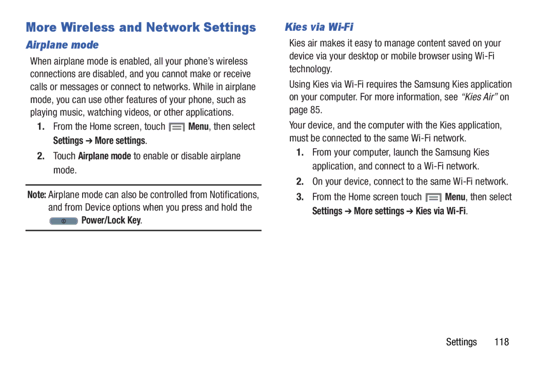 Samsung GH68-37099A user manual More Wireless and Network Settings, Airplane mode, Kies via Wi-Fi, Power/Lock Key 