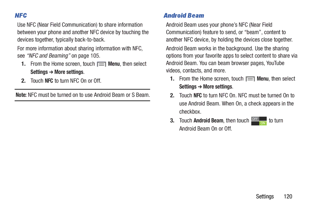 Samsung GH68-37099A user manual Android Beam, Touch NFC to turn NFC On or Off 