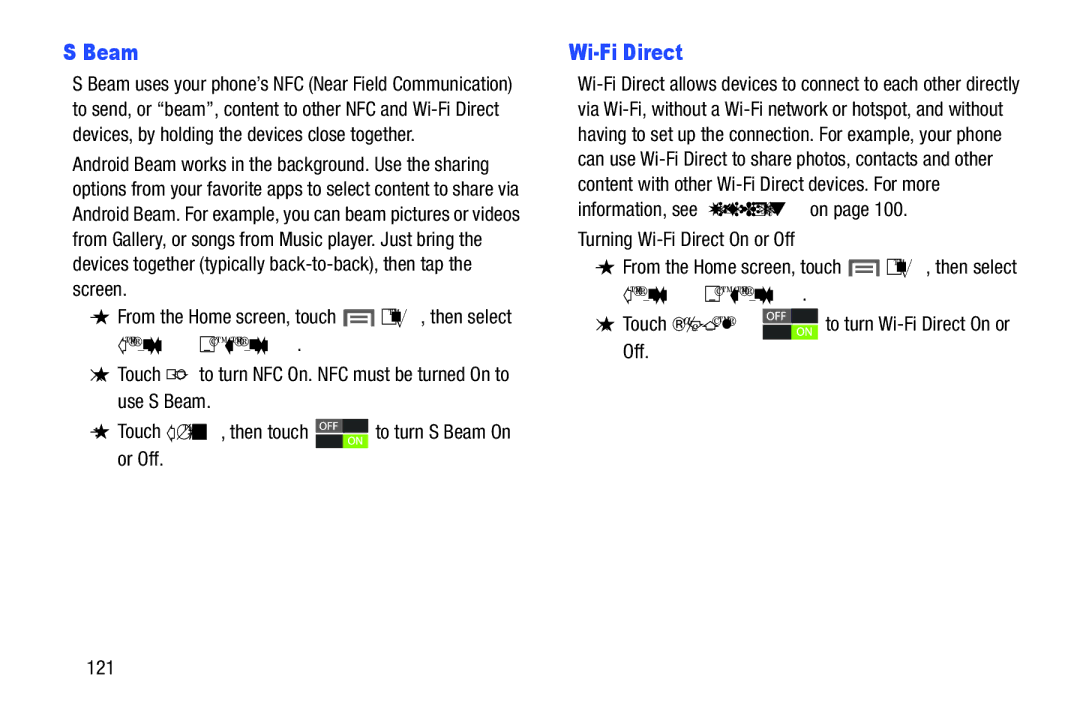 Samsung GH68-37099A Beam, Turning Wi-Fi Direct On or Off, Touch Wi-Fi Direct to turn Wi-Fi Direct On or Off 121 