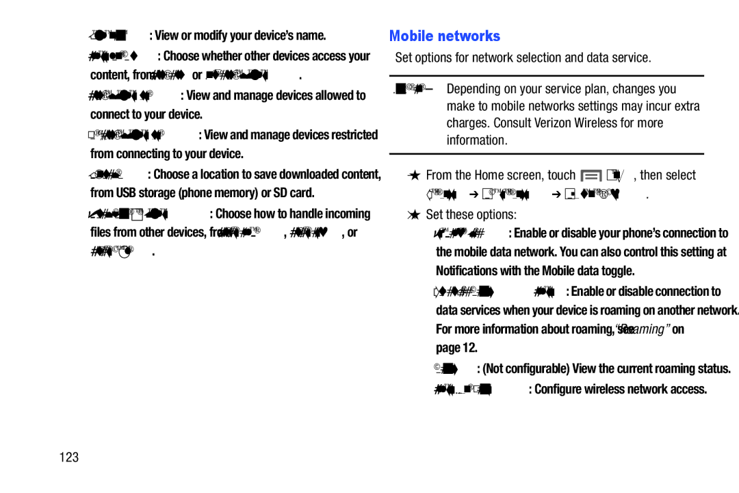 Samsung GH68-37099A user manual Mobile networks, Set options for network selection and data service, Set these options, 123 