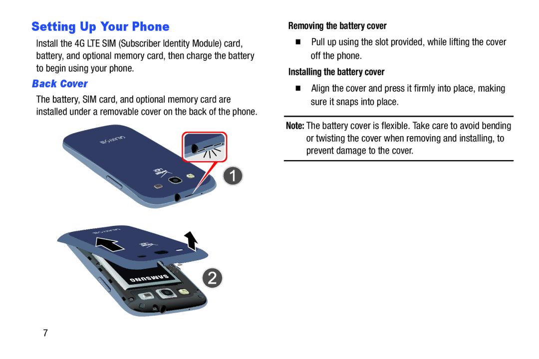 Samsung GH68-37099A user manual Setting Up Your Phone, Back Cover, Removing the battery cover, Installing the battery cover 