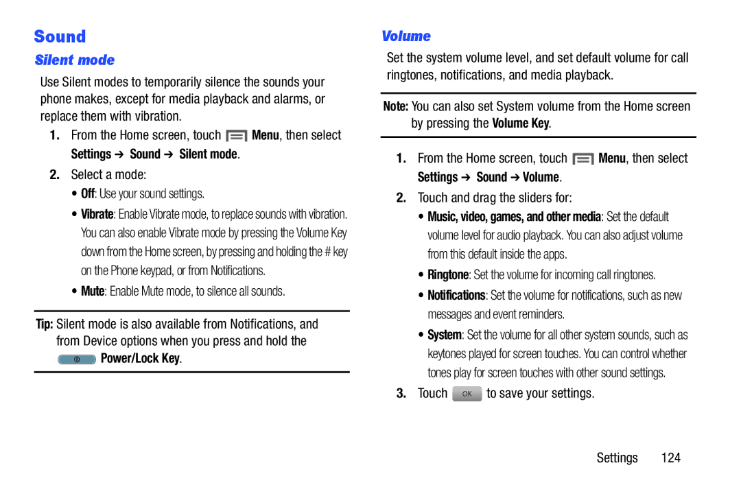 Samsung GH68-37099A user manual Settings Sound Silent mode, Settings Sound Volume 