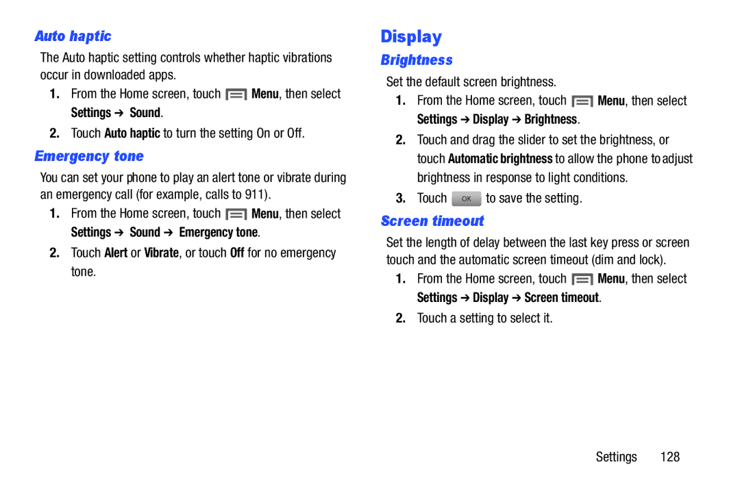 Samsung GH68-37099A user manual Display, Auto haptic, Emergency tone, Brightness, Screen timeout 