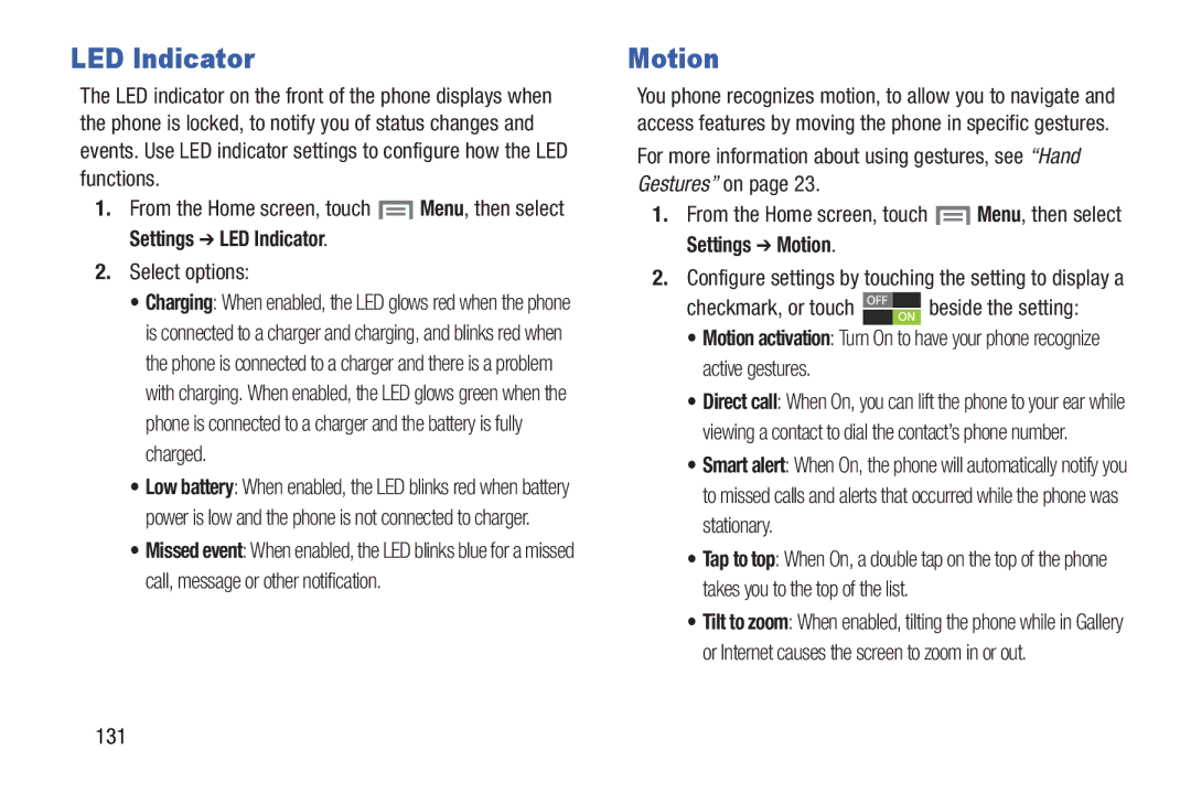 Samsung GH68-37099A user manual Settings LED Indicator, Select options, Settings Motion, 131 