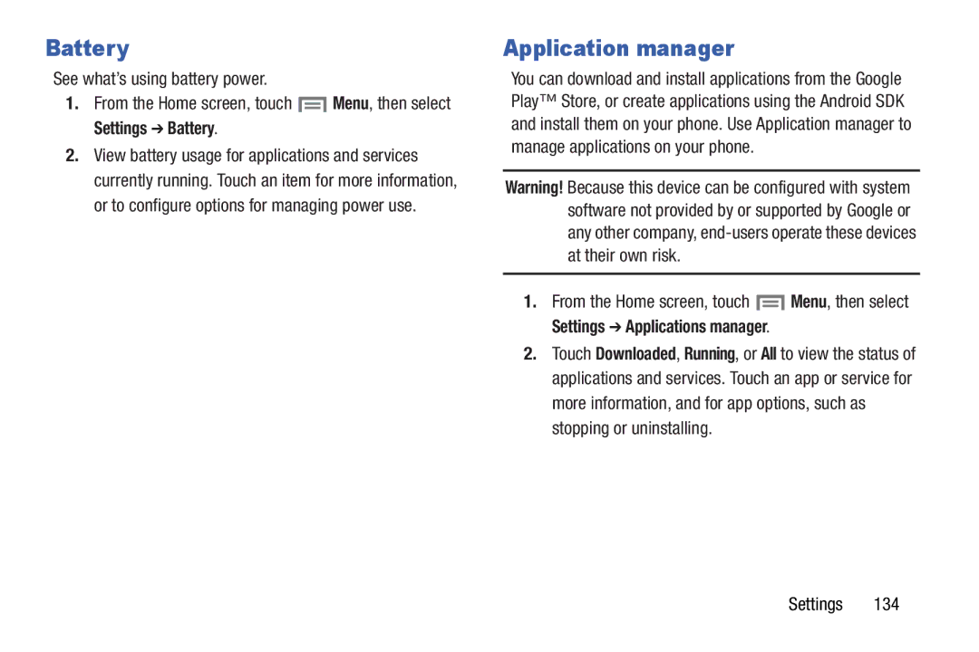 Samsung GH68-37099A user manual Application manager, See what’s using battery power, Settings Battery 