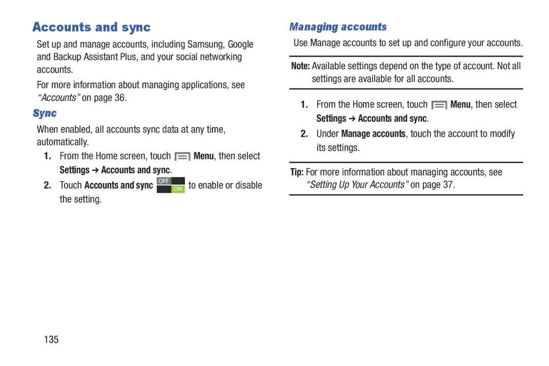 Samsung GH68-37099A user manual Accounts and sync, Sync, Managing accounts, 135 