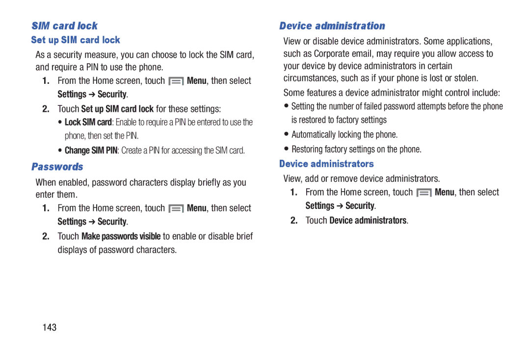 Samsung GH68-37099A user manual Passwords, Device administration, Set up SIM card lock, Device administrators 