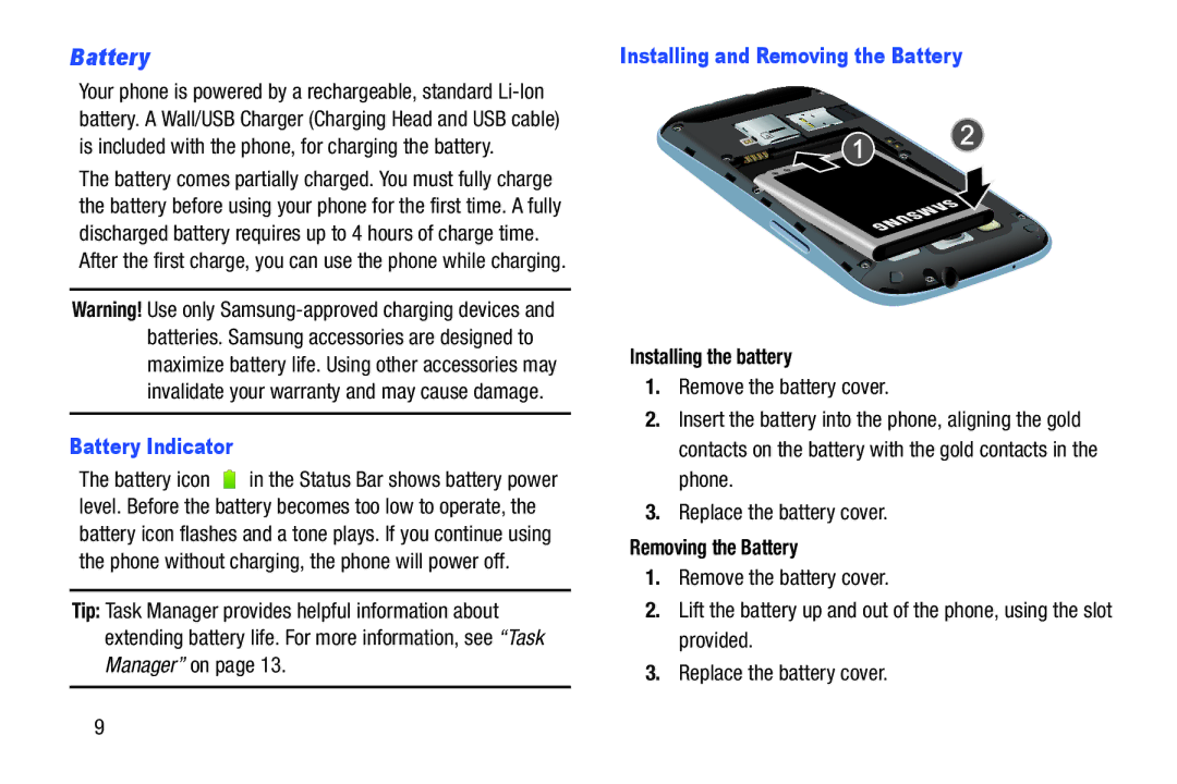 Samsung GH68-37099A user manual Battery Indicator, Installing and Removing the Battery, Installing the battery 