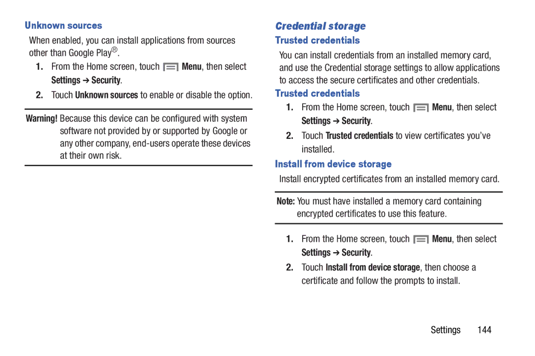 Samsung GH68-37099A user manual Credential storage, Unknown sources, Trusted credentials, Install from device storage 