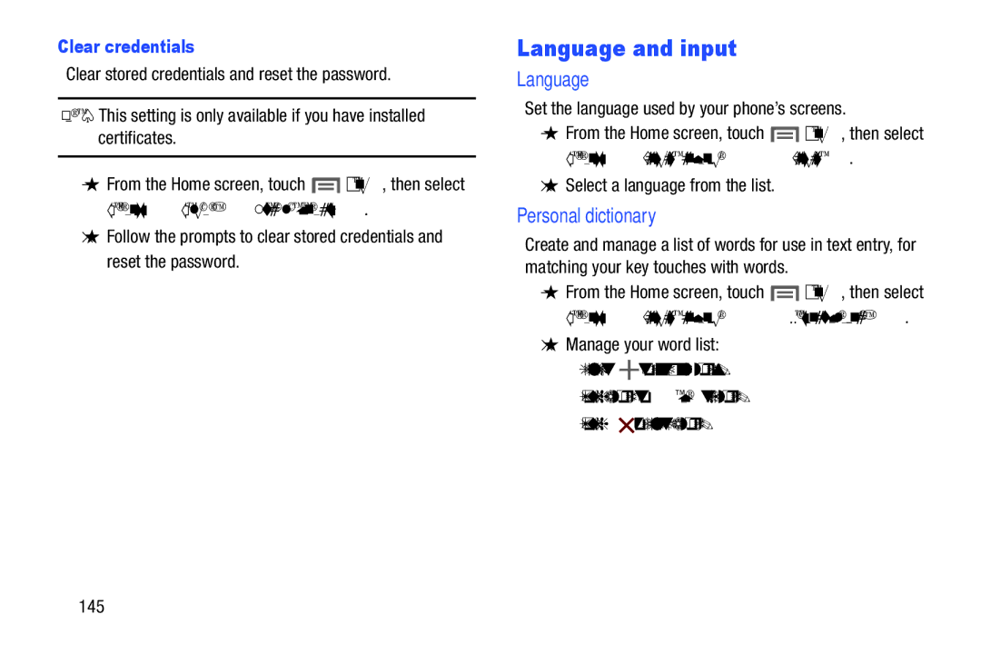 Samsung GH68-37099A user manual Language and input, Personal dictionary, Settings Security Clear credentials 