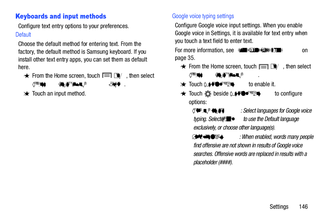 Samsung GH68-37099A Keyboards and input methods, Settings Language and input Default, Google voice typing settings 