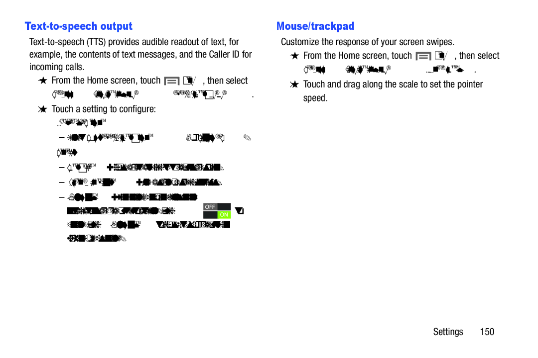 Samsung GH68-37099A user manual Text-to-speech output, Mouse/trackpad, Preferred TTS engine, General 