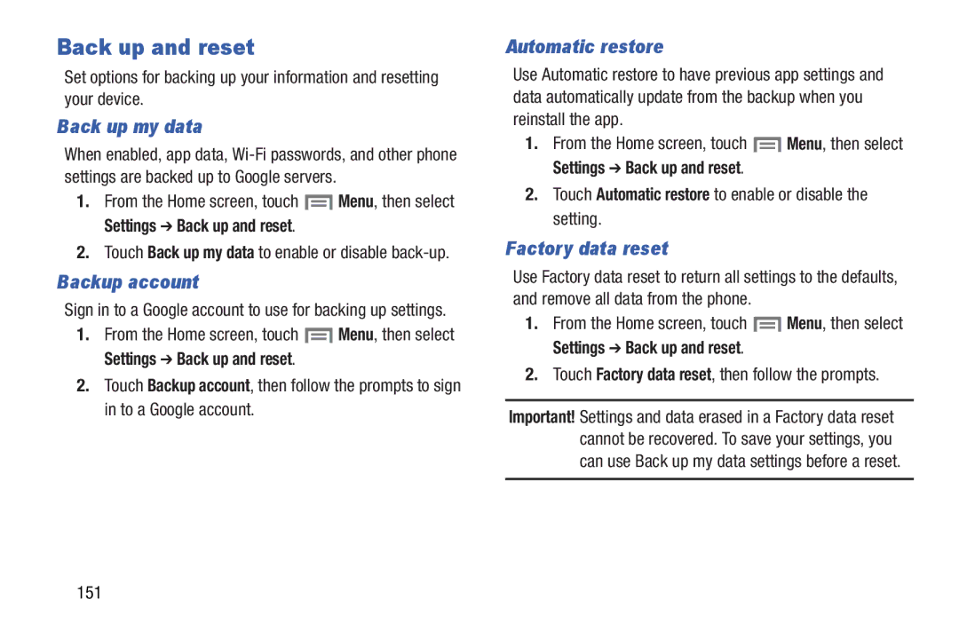 Samsung GH68-37099A user manual Back up and reset, Back up my data, Backup account, Automatic restore, Factory data reset 