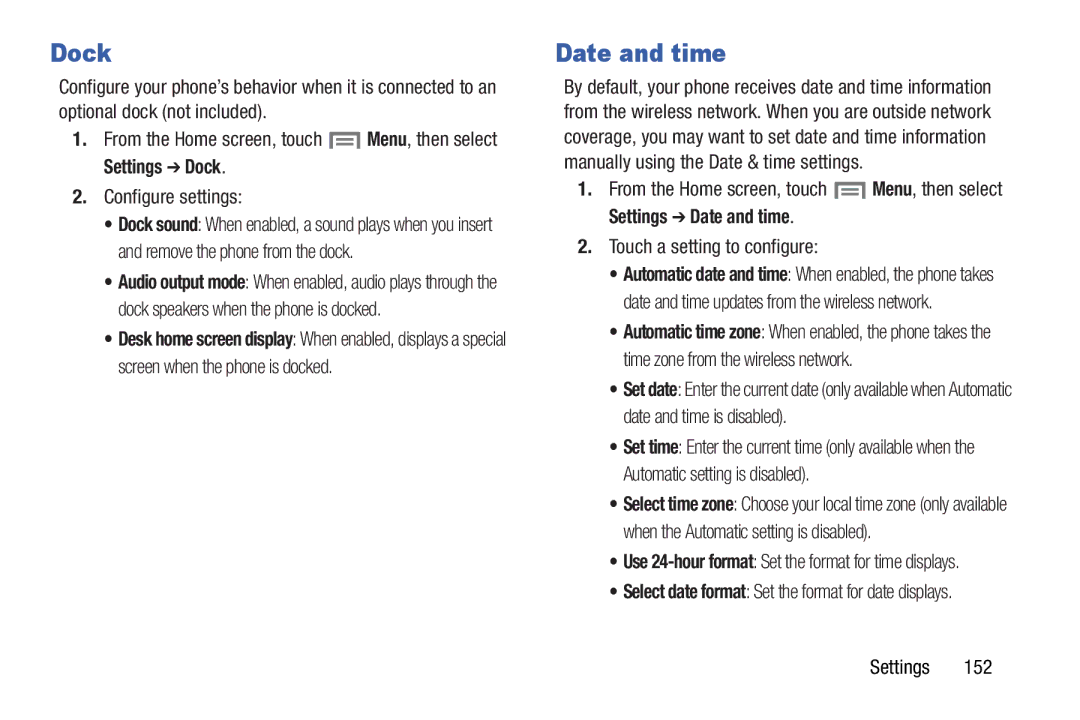 Samsung GH68-37099A user manual Settings Dock, Settings Date and time 