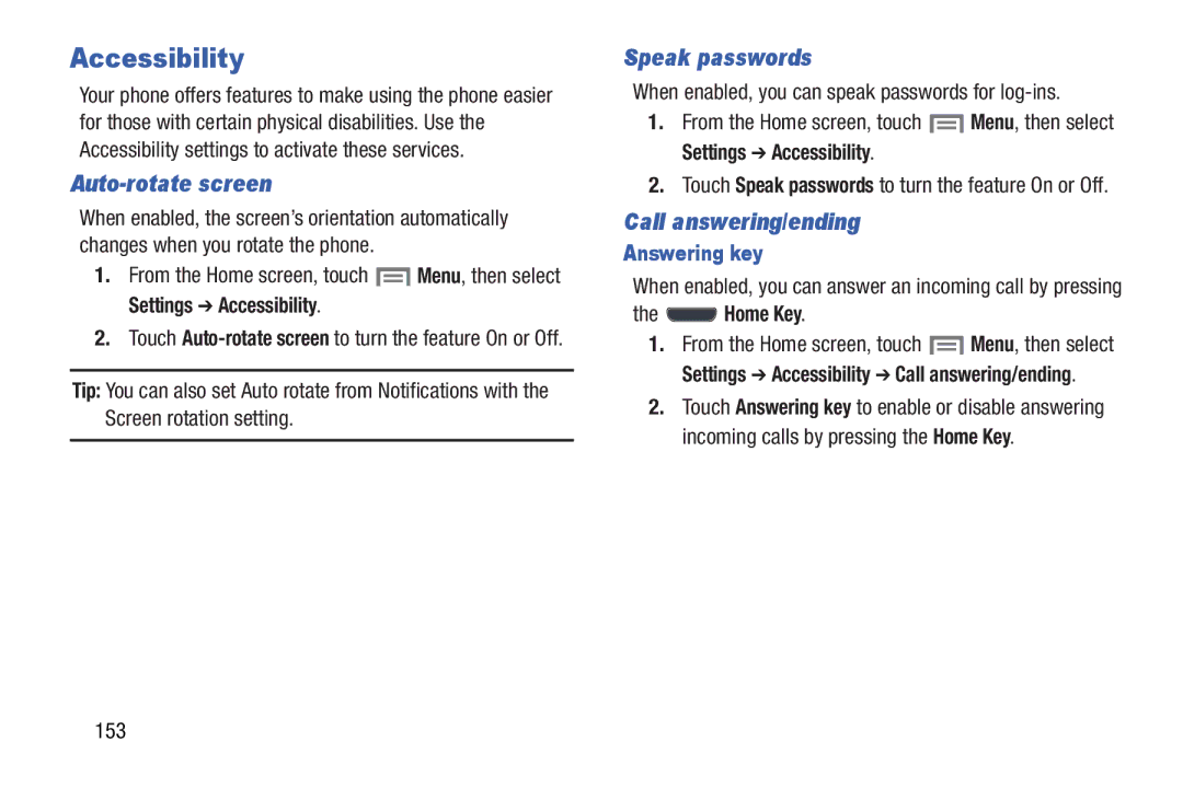 Samsung GH68-37099A user manual Accessibility, Speak passwords, Call answering/ending, Answering key 