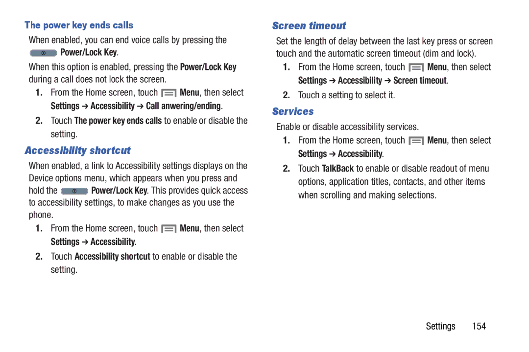 Samsung GH68-37099A Accessibility shortcut, Services, Power key ends calls, Settings Accessibility Screen timeout 