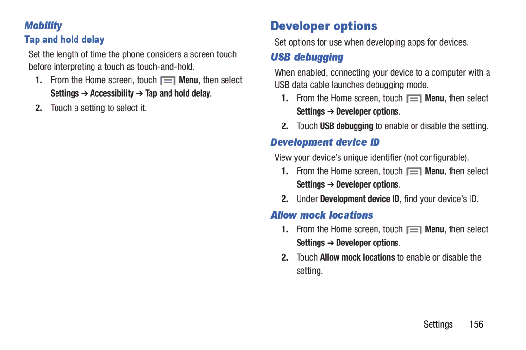 Samsung GH68-37099A user manual Developer options, Mobility, USB debugging, Development device ID, Allow mock locations 