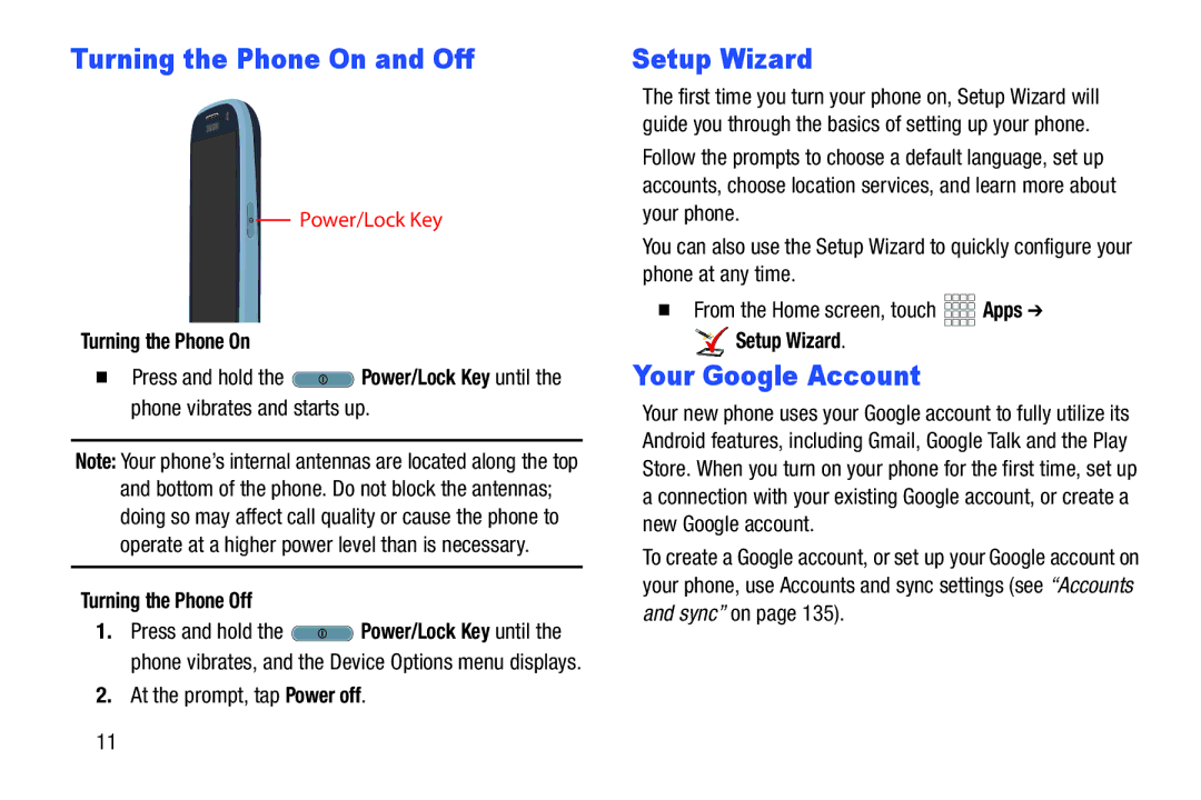 Samsung GH68-37099A user manual Turning the Phone On and Off, Setup Wizard, Your Google Account 